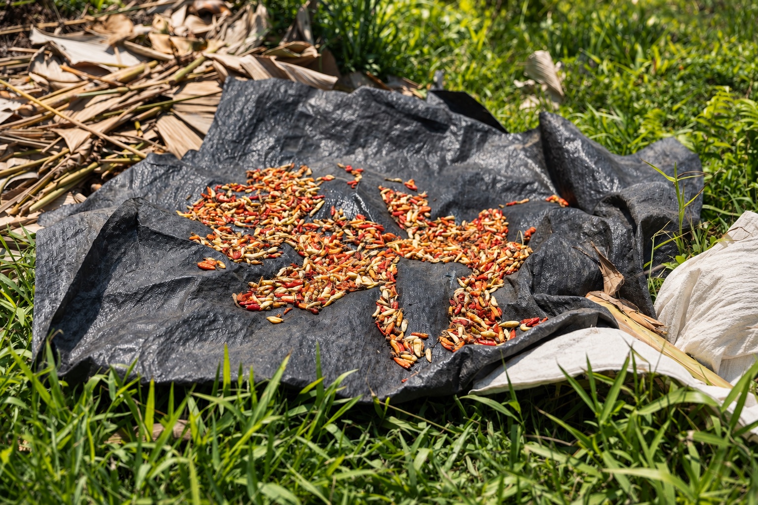 Chilipepers drogen in de zon in het rijstveld